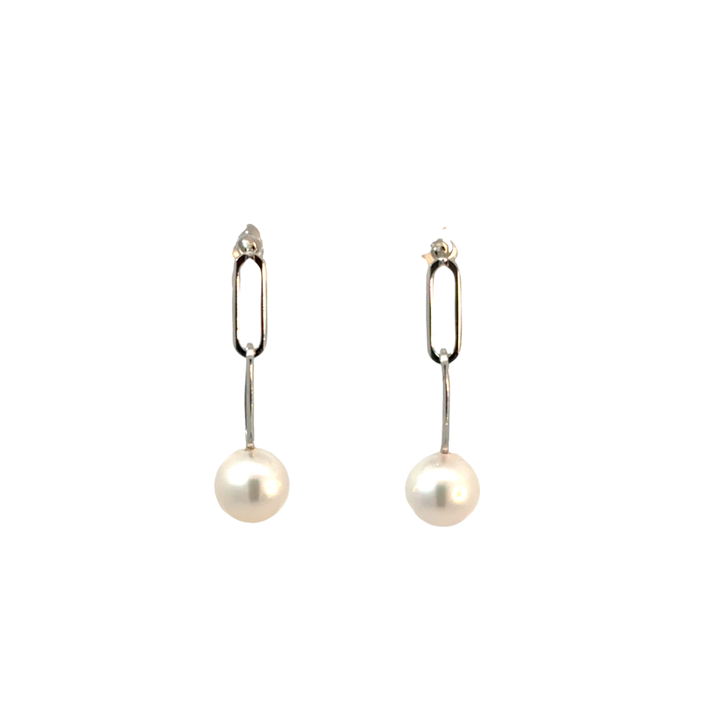 [PE224AWS] 6.5-7mm Cultured Pearl Paperclip Chain Dangle Earrings In 14Kt White Gold