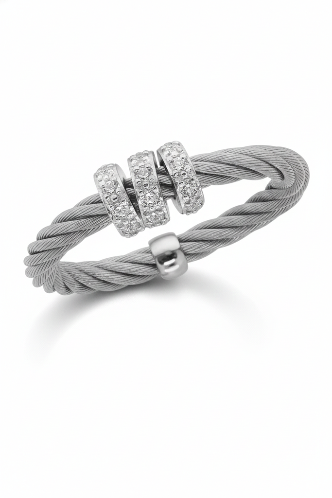[02-32-3203-11] 14Kt White Gold Grey Nautical Cable Triple Wrapped Diamond Ring 0.17cttw
