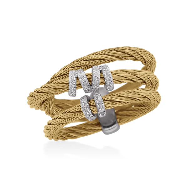 [02-37-2630-11] 14Kt White Gold Yellow Nautical Cable Three Row Ring With Round Diamonds Weighing 0.35cttw
