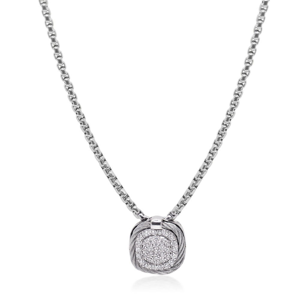 14Kt White Gold Grey Nautical Cable Diamond Square Station Necklace 0.19cttw
