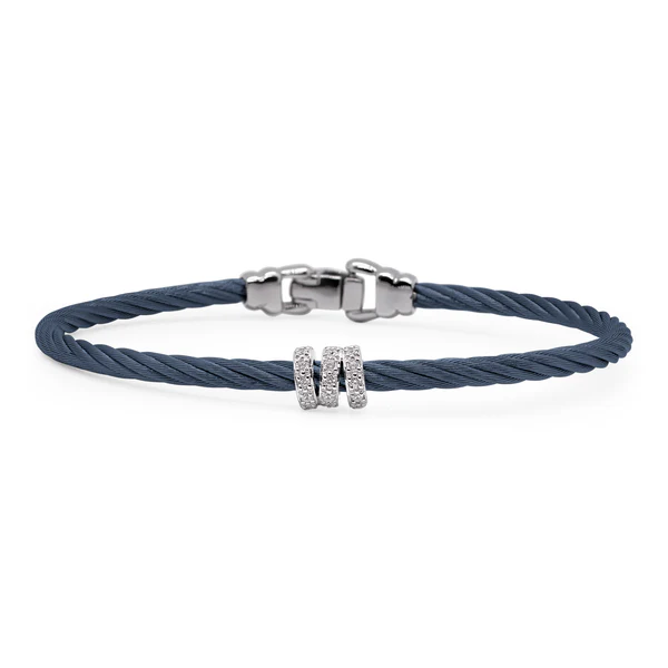 14Kt White Gold Blueberry Nautical Cable Twisted Bangle With (21) Round Diamonds Weighing 0.17ct