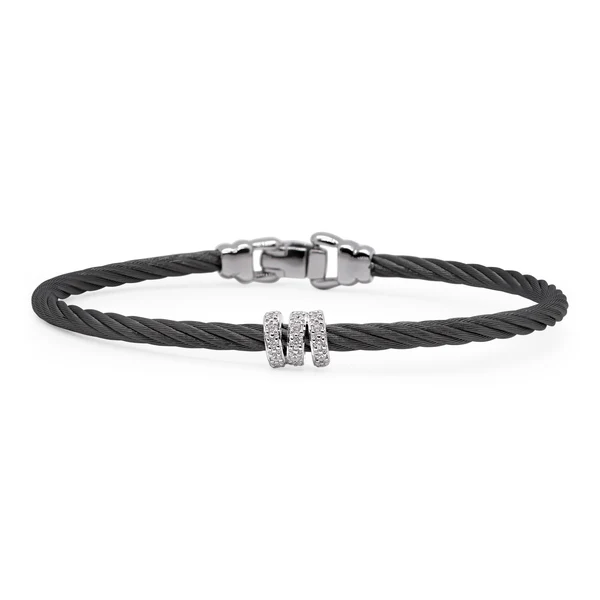 14Kt White Gold Black Nautical Cable Twisted Bracelet With (21) Round Diamonds Weighing 0.17cttw