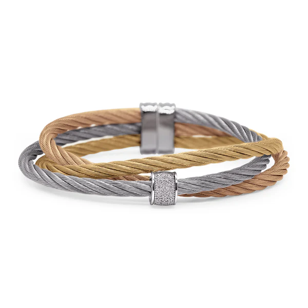 14Kt White Gold Rose, Grey, And Yellow Nautical Cable Cuff Bracelet With (16) Round Diamonds Weighing 0.08cttw