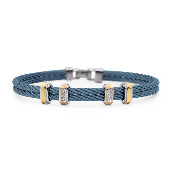 [04-65-8464-11] 14Kt Yellow Gold Island Blue Nautical Cable Men's Bracelet With (6) Round Diamonds Weighing 0.03cttw