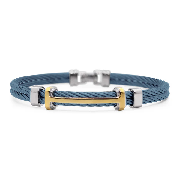 [04-65-9707-00] 14Kt Yellow Gold Island Blue Nautical Cable Men's Bracelet Sz7.75