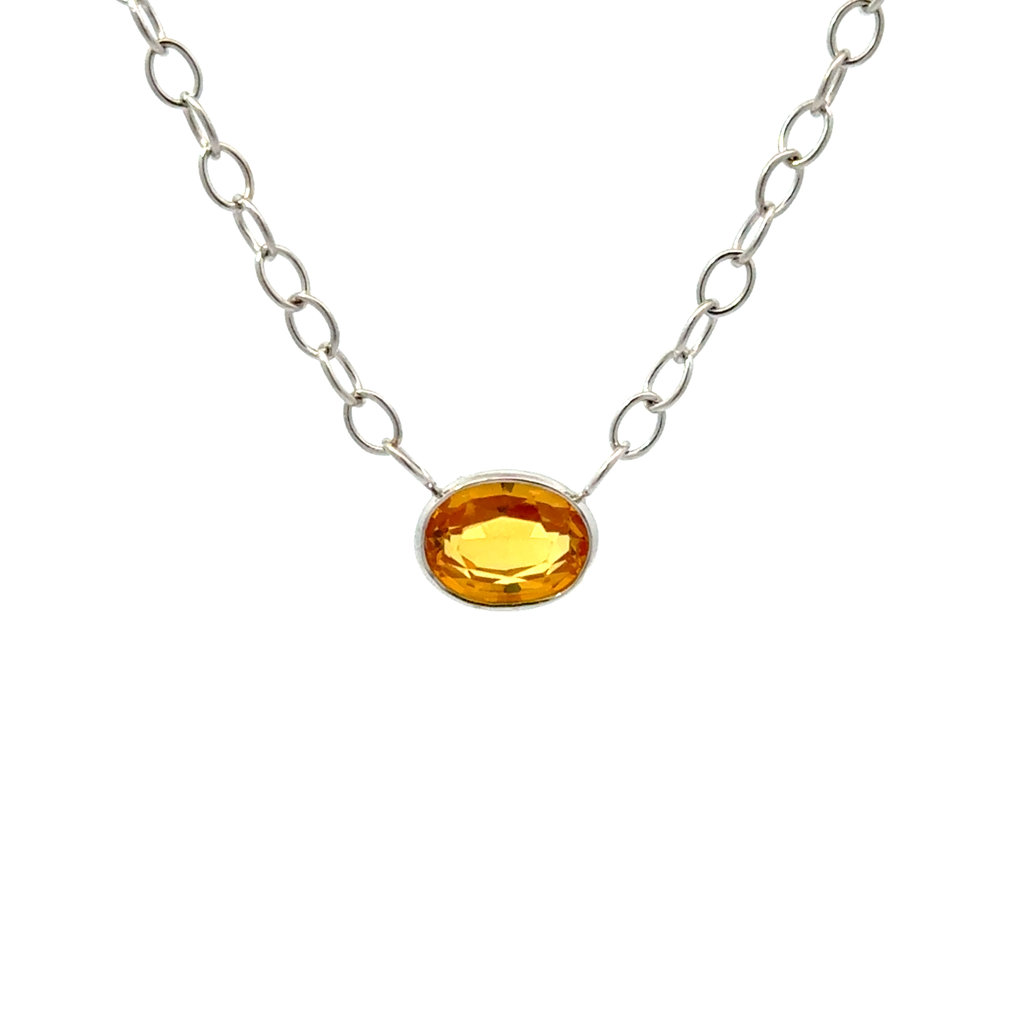 [S10172] Bezel Set Citrine Necklace In 14Kt White Gold 20"