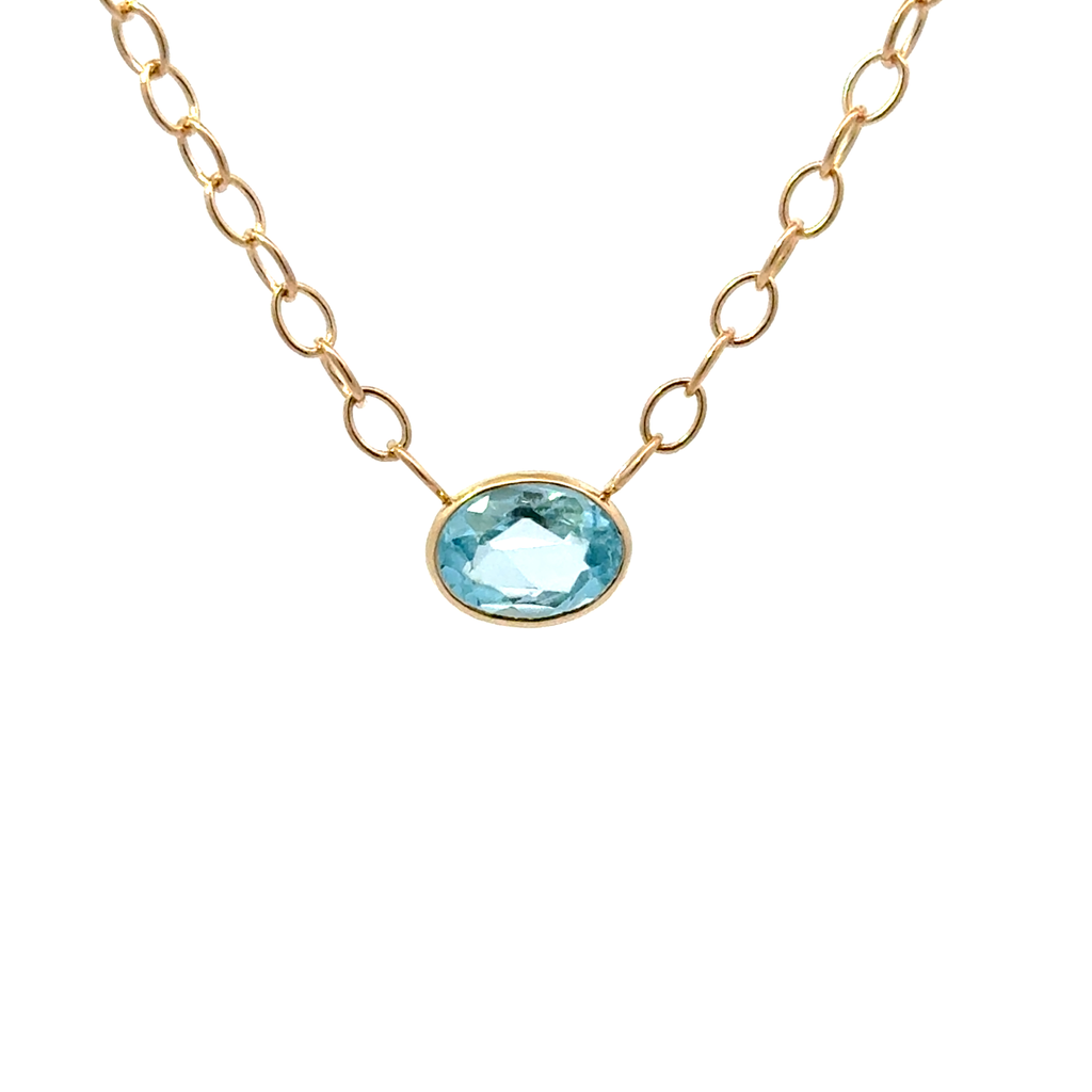 Bezel Set Swiss Blue Topaz Necklace In 14Kt Yellow Gold