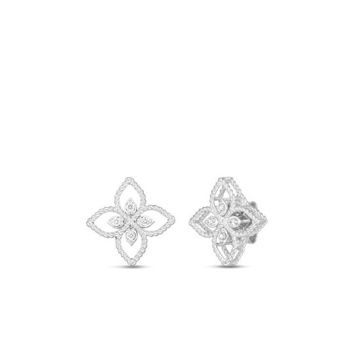 Principessa Flower Studs With (8) Round Diamonds Weighing 0.08cttw In 18Kt White Gold