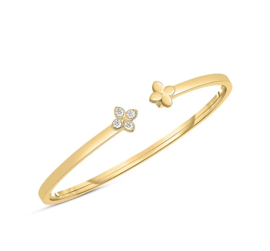 18Kt Yellow Gold Open Flower Bangle With (4) Round Diamonds Weighing 0.08cttw