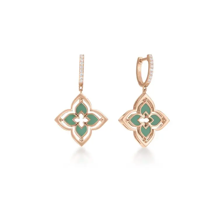 Venetian Princess Pirouette Chrysoprase Earrings With (56) Round Diamonds Weighing 0.35cttw in 18Kt Rose Gold