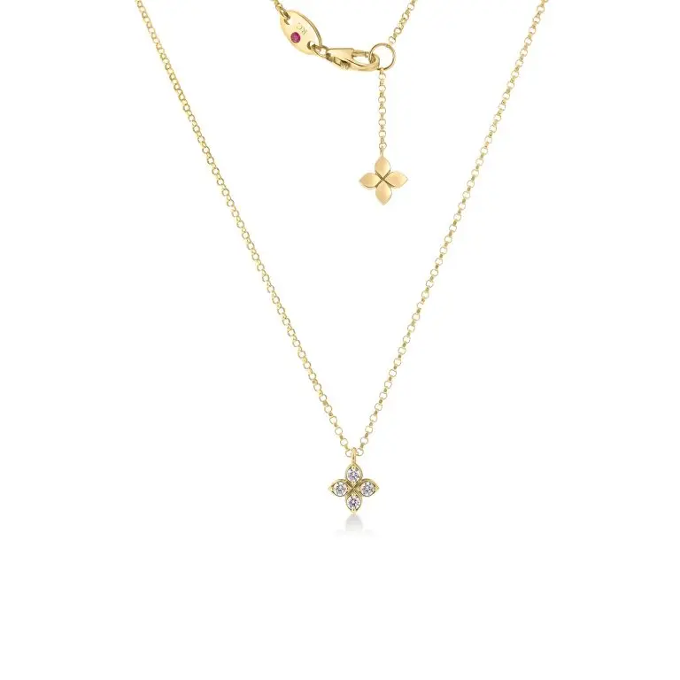 Love By The Inch Flower Necklace With (4) Round Diamonds Weighing 0.09cttw In 18Kt Yellow Gold