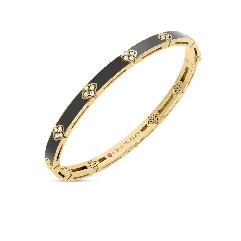 Love In Verona Black Enamel Bangle With (20) Round Diamonds Weighing 0.14cttw In 18Kt Yellow Gold