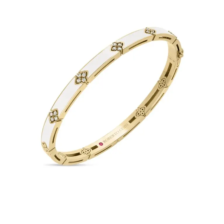 Love In Verona White Enamel Bracelet With (20) Round Diamonds Weighing 0.15cttw In 18Kt Yellow Gold