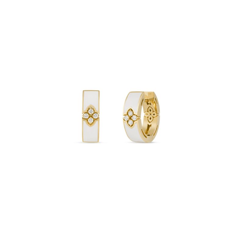 [8883704AYERX] 18Kt Yellow Gold Love In Verona White Enamel Hoops With (8) Round Diamonds Weighing 0.06cttw