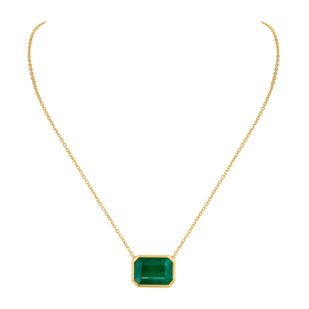 East-West Bezel Necklace With An Emerald Cut Emerald Weighing 10.78ct in 14/18Kt Yellow Gold