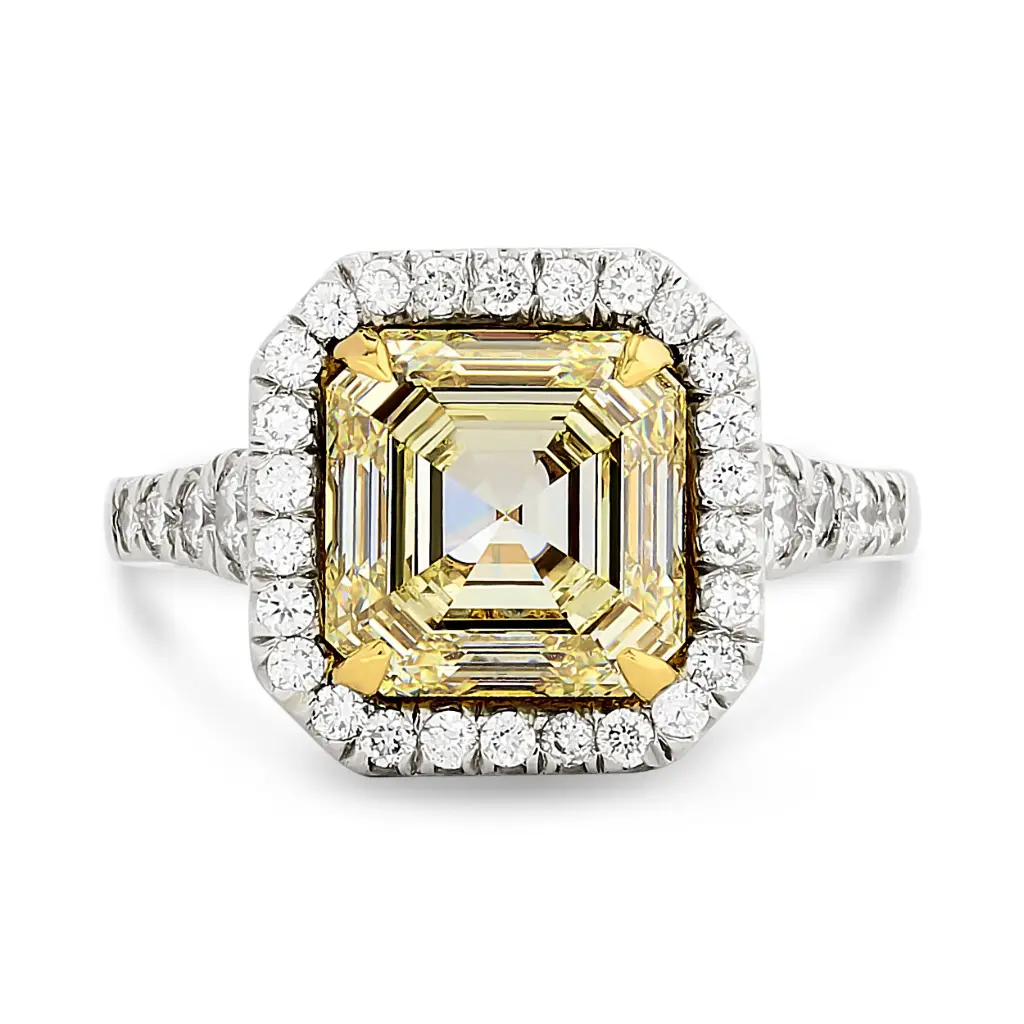 Halo Style Ring With An Asscher Cut Yellow Diamond Weighing 4.05ct And (35) Round Diamonds Weighing 0.50ct in Platinum And 18Kt Yellow Gold