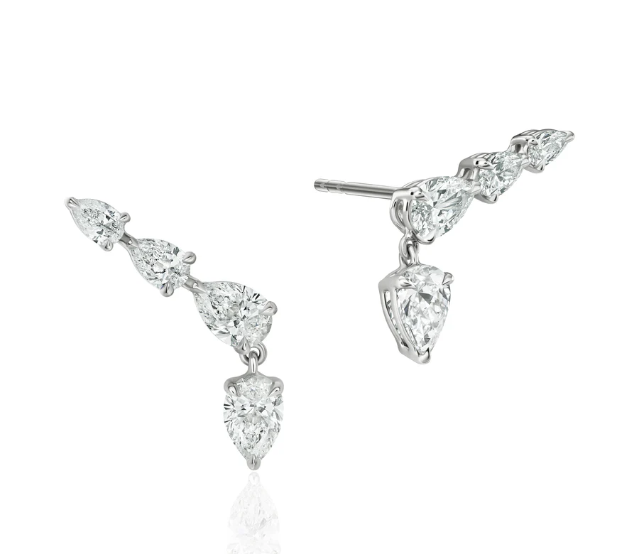 18Kt White Gold And Platinum Climber Earrings With (8) Pear Shaped Diamonds Weighing 1.71cttw
