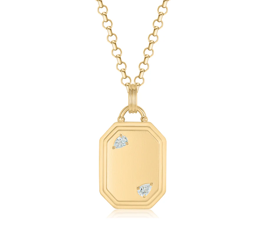 One of One Layered Dog Tag Pendant With (2) Pear Shaped Diamonds Weighing 0.27cttw In 18Kt Yellow Gold