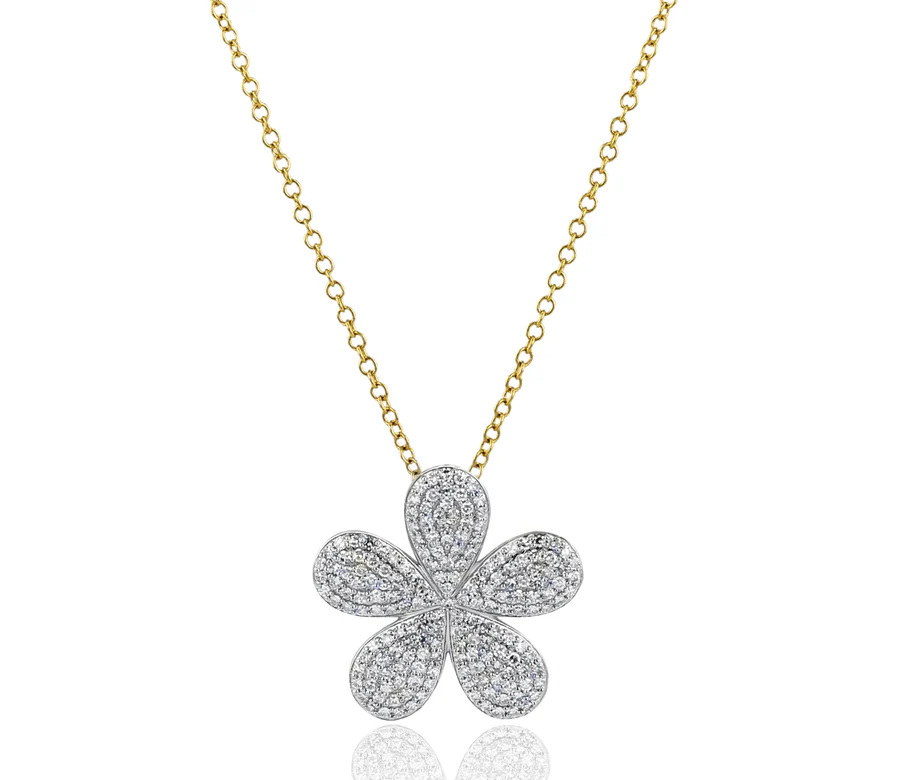 [N2603DY] Symphony Forget Me Not Pave Flower Necklace With (186) Round Diamonds Weighing 0.95cttw In 14Kt Yellow Gold