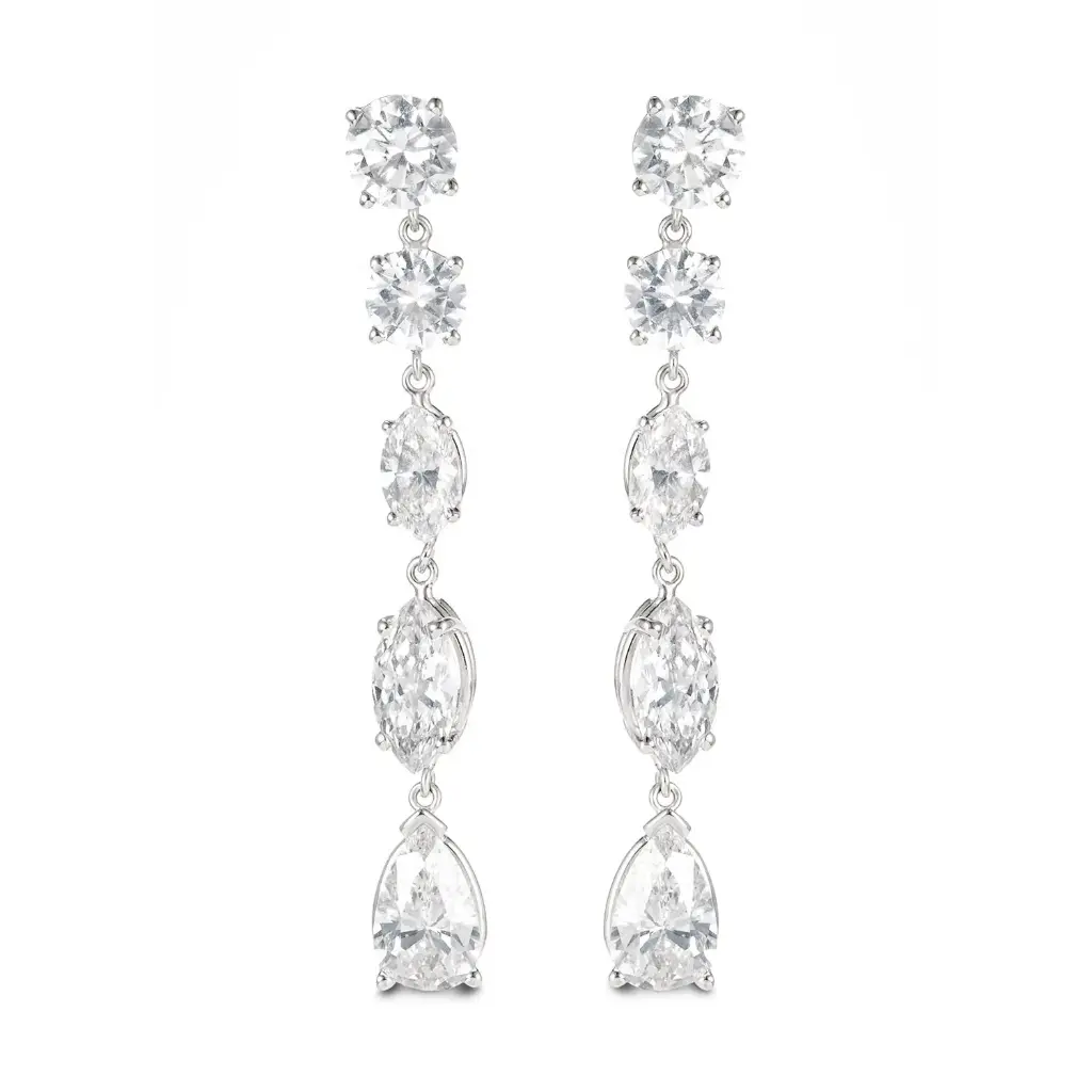 Dangle Earrings With Marquise, Round, And Pear Shaped Diamonds Weighing 6.57cttw In 14Kt White Gold