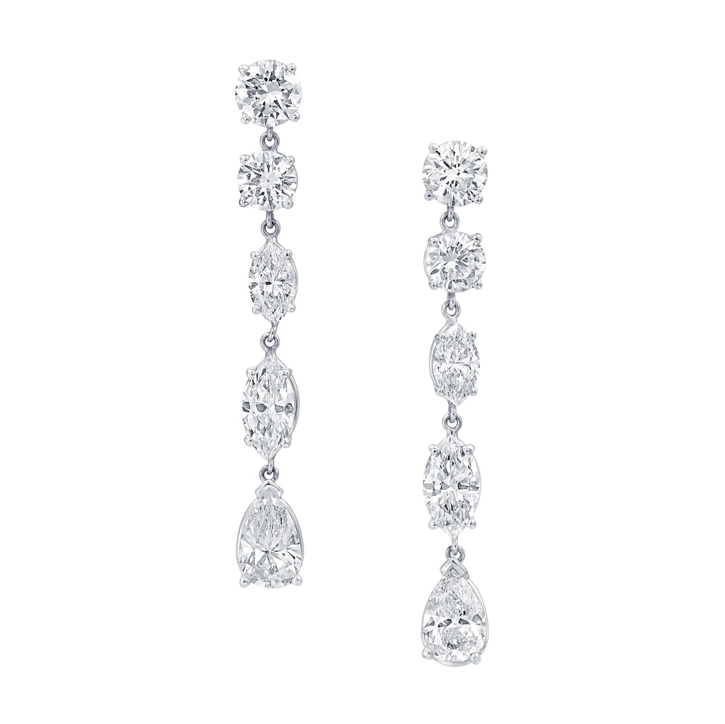 Dangle Earrings With Marquise, Round, And Pear Shaped Diamonds Weighing 6.57cttw In 14Kt White Gold
