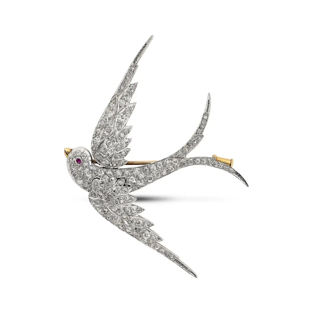Bird Pin With (124) Old European Cut Diamonds Weighing 4.00ct In Platinum on 18Kt Yellow