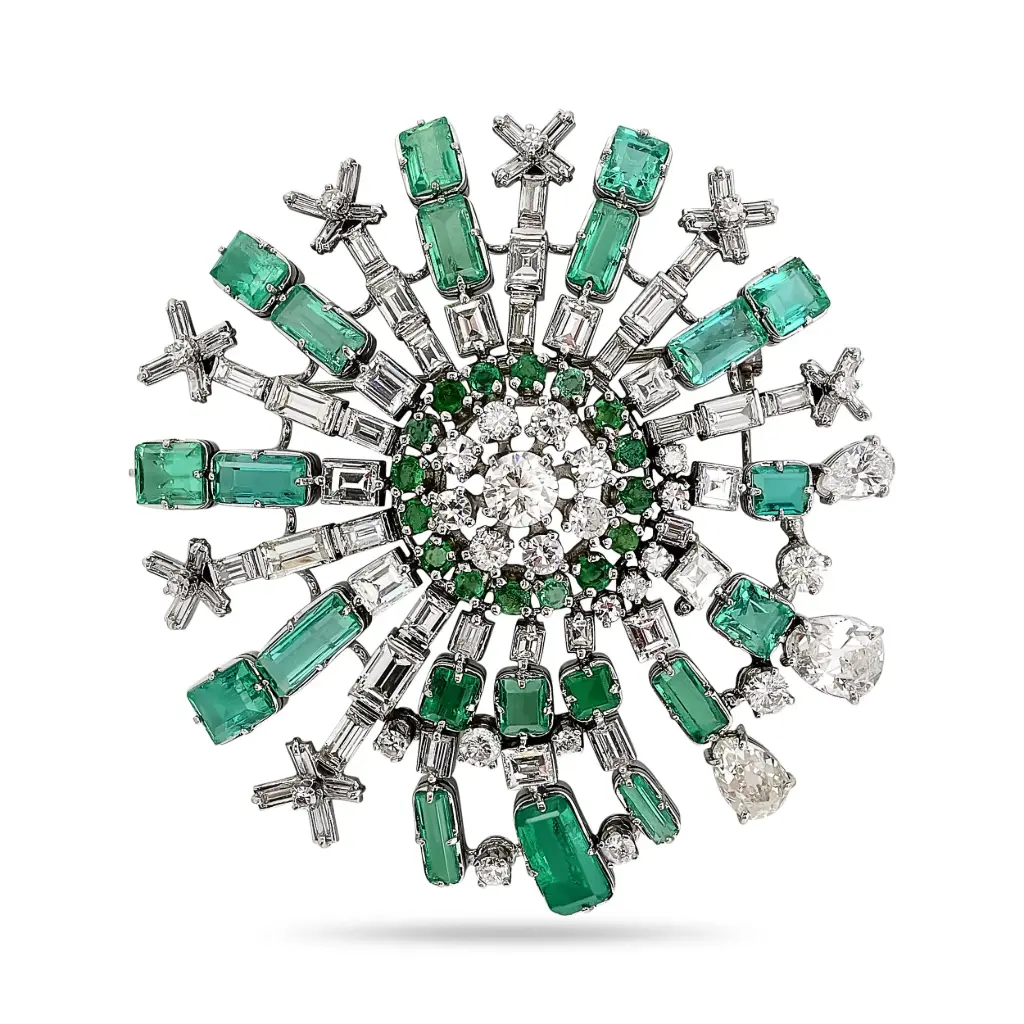 Starburst Pin With Emeralds Weighing 5.00ct And Diamonds Weighing 8.00ct In 14Kt White Gold
