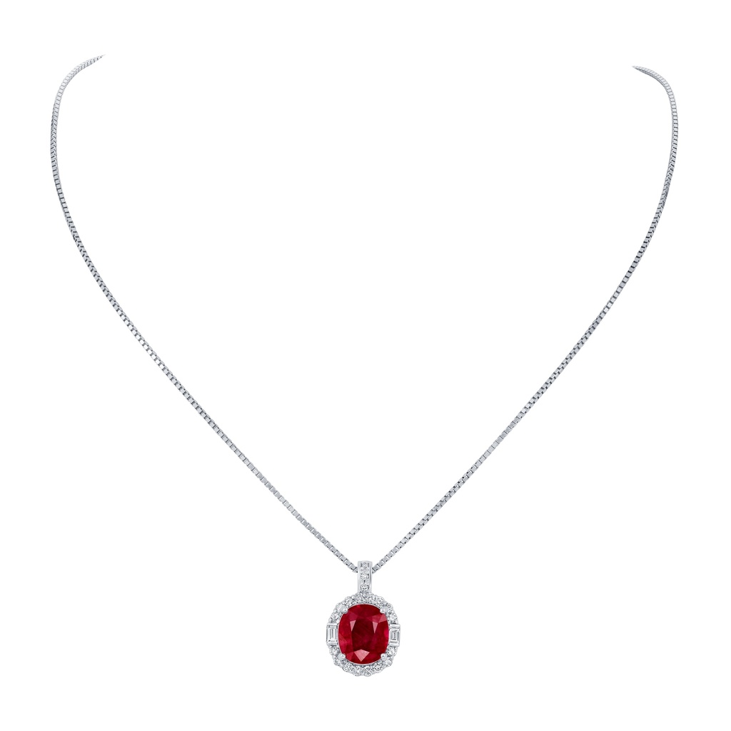 Halo Style Necklace With A Cushion Cut Ruby Weighing 3.56ct And Round/Baguette Diamonds Weighing 0.50ct In Platinum