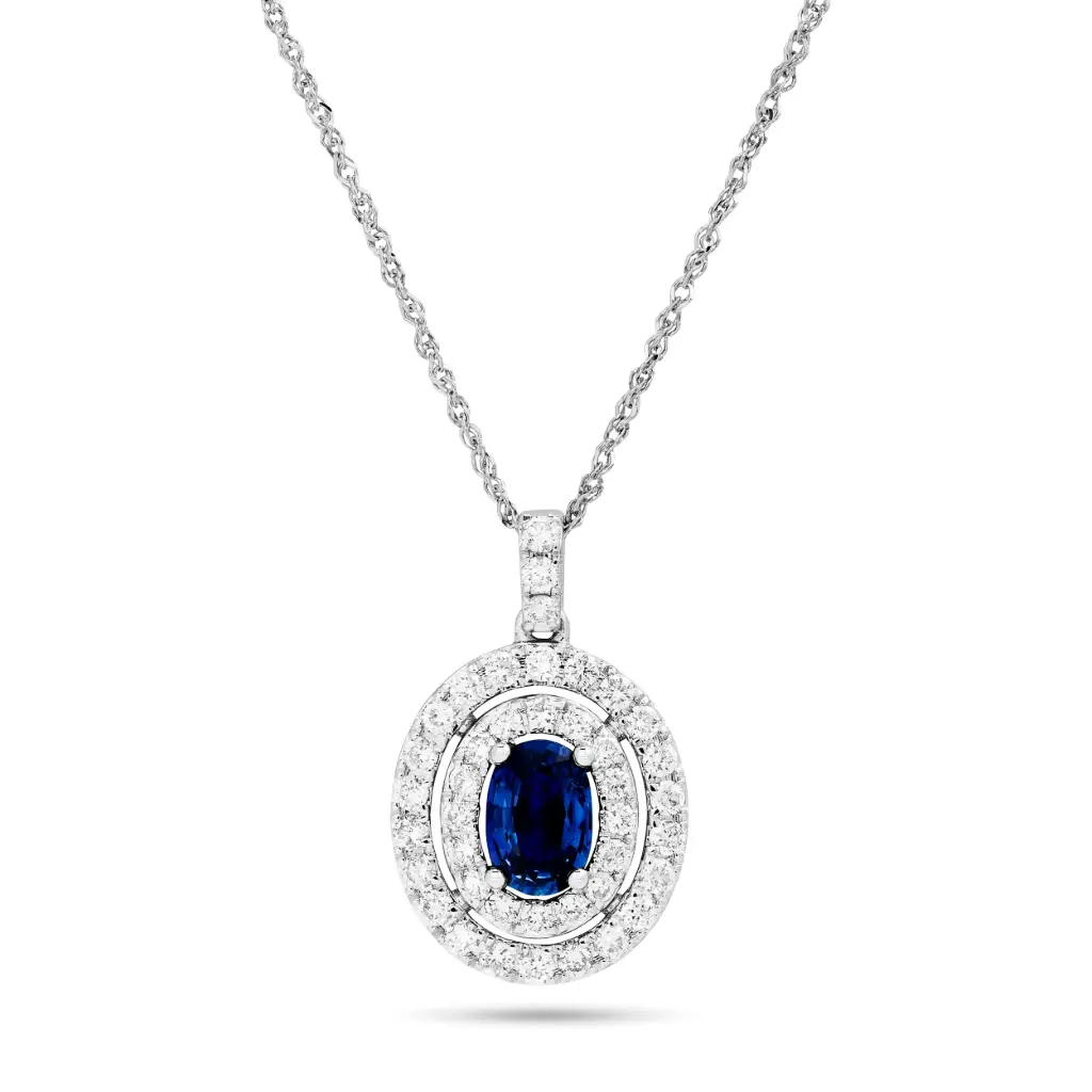 Double Halo Necklace With A Pear Shaped Sapphire Weighing 0.63ct And (43) Round Diamonds Weighing 0.58ct In 14Kt White Gold