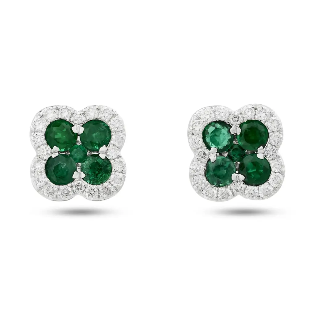 Clover Stud Earrings With (10) Round Emeralds Weighing 0.85ct And (40) Round Diamonds Weighing 0.40ct In 14Kt White Gold