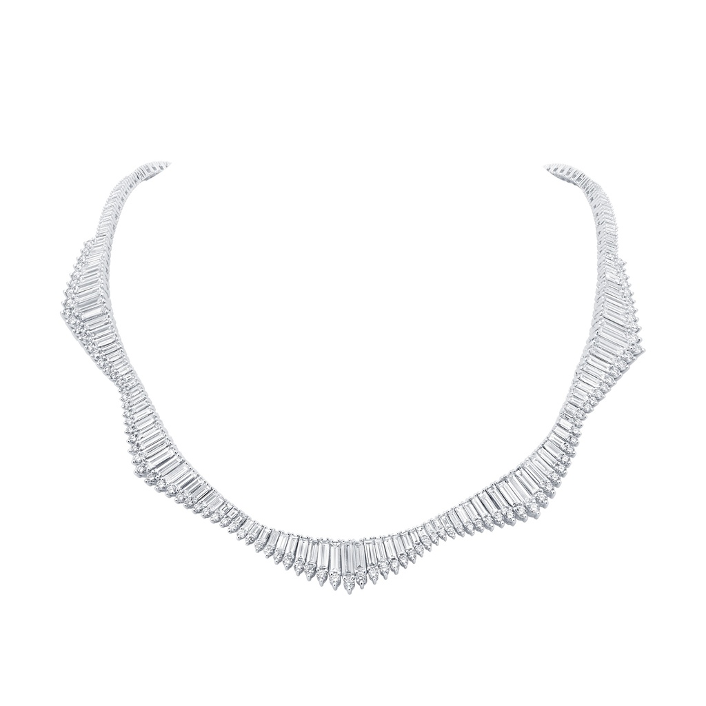 Scallop Necklace With (240) Baguette Diamonds Weighing 16.96ct And (97) Round Diamonds Weighing 3.35ct In 14Kt White Gold