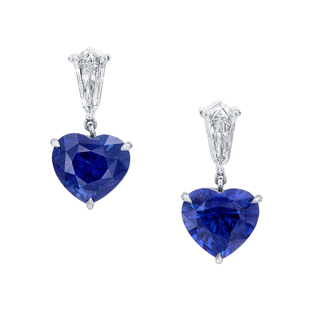 Drop Earrings With (2) Heart Shaped Sapphires Weighing 7.57ct And (2) Kite Shaped Diamonds Weighing 0.80ct In Platinum