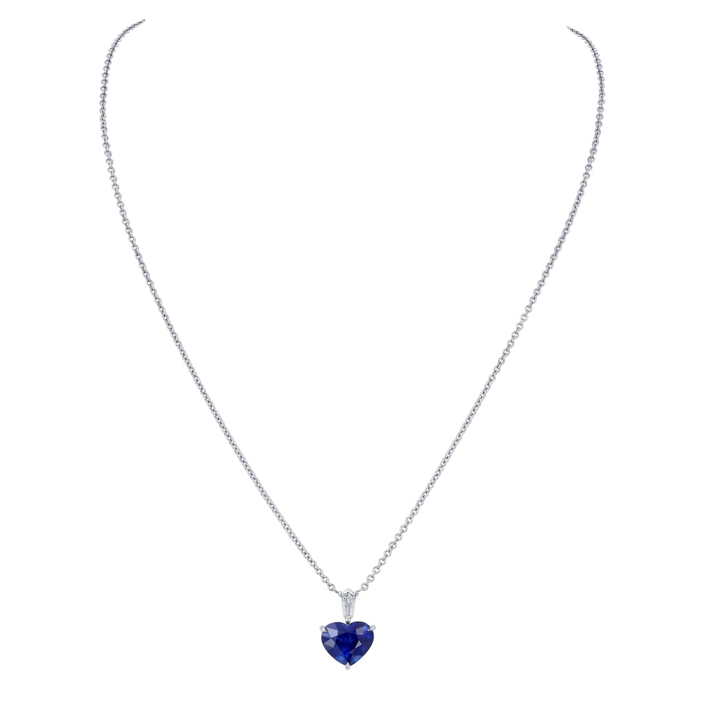 Heart Necklace With A Heart Shaped Sapphire Weighing 5.26ct And A Kite Shaped Diamond Weighing 0.19ct In Platinum