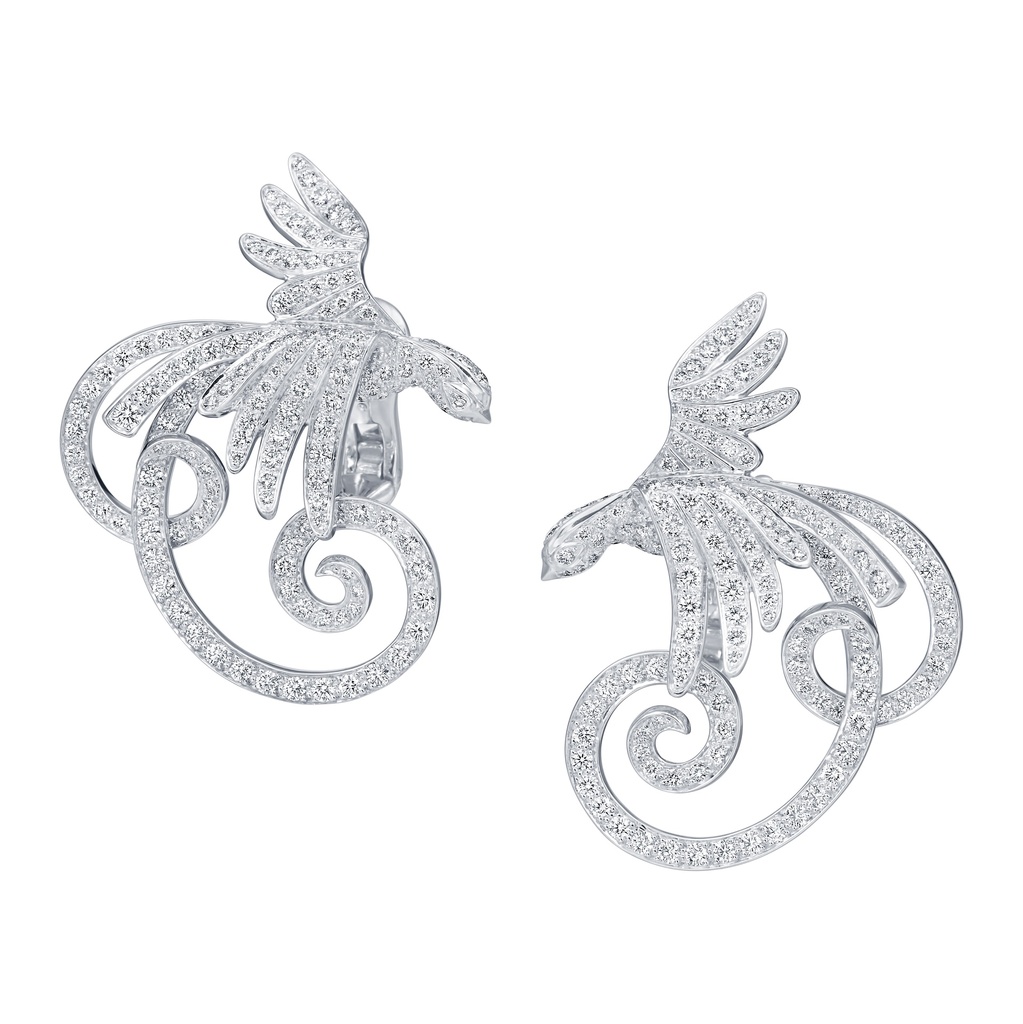 Bird Swirl Earrings With Round Diamonds Weighing 4.50cttw In 18Kt White Gold