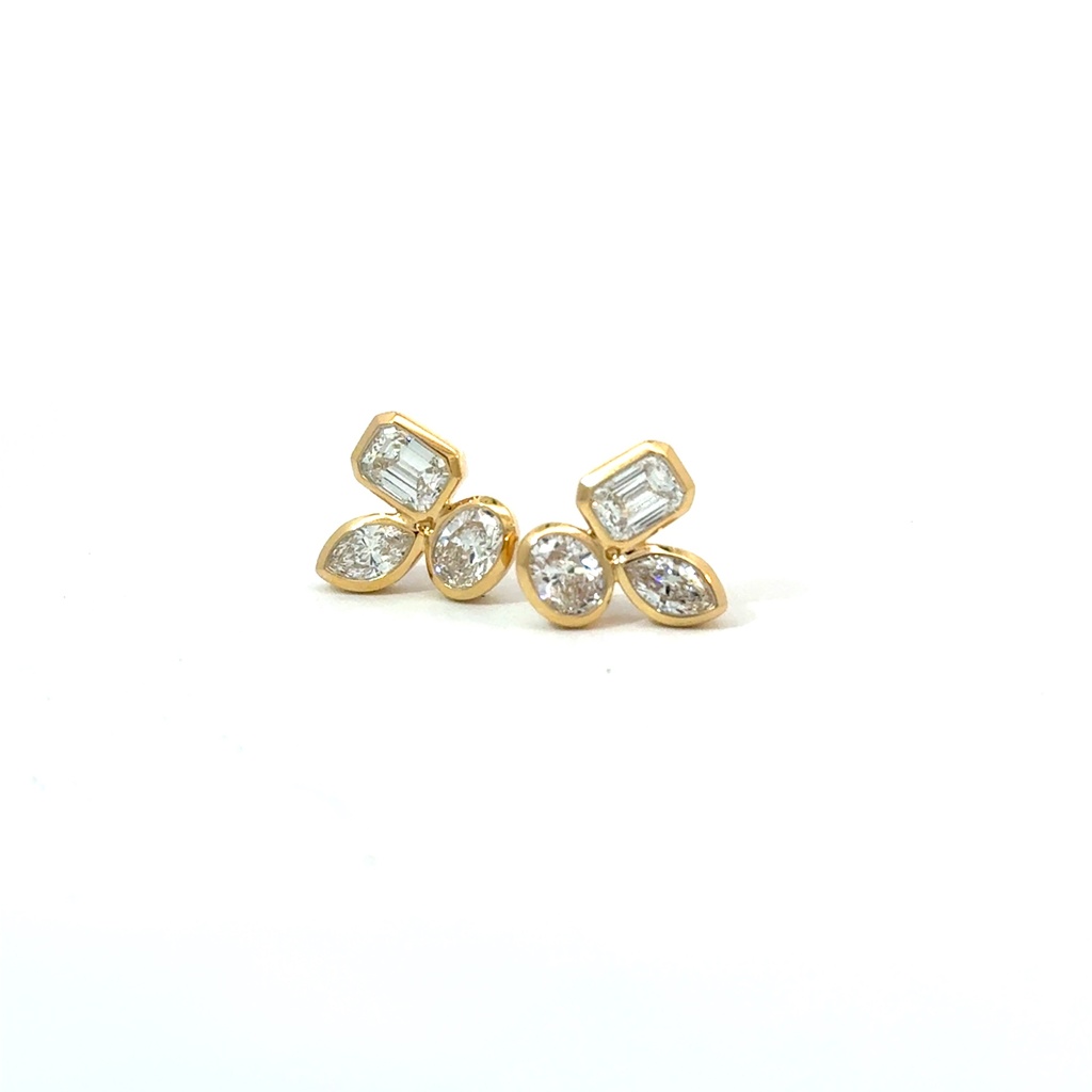 Trio Cluster Studs With Marquise, Oval, And Emerald Cut Diamonds Weighing 1.52cttw In 18Kt Yellow
