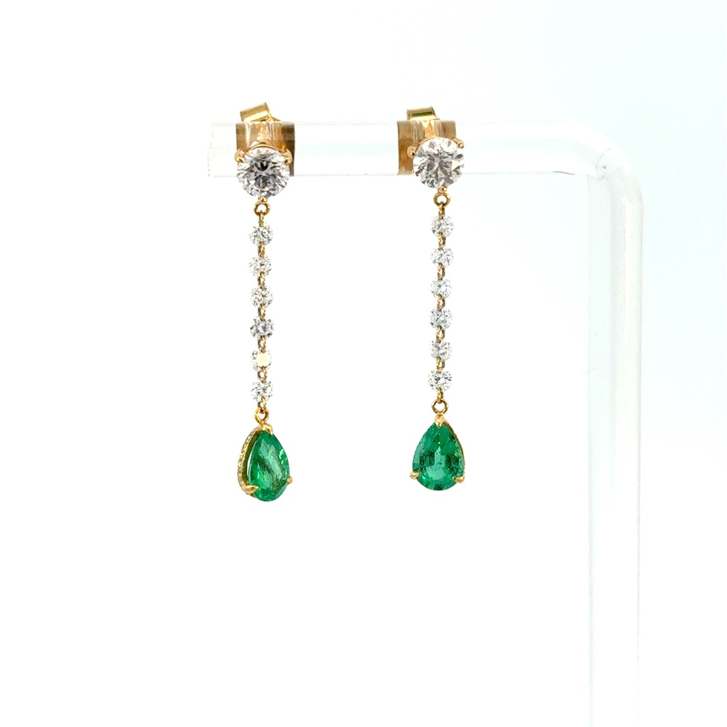 [6829-7] Dangle Earrings With (2) Pear Shaped Emeralds Weighing 1.04ct And (56) Round Diamonds Weighing 1.21ct In 18Kt Yellow Gold