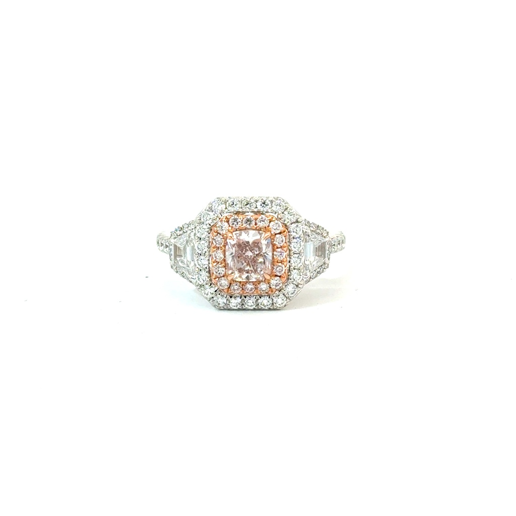Double Halo Style Ring With (74) Round Diamonds Weighing 0.80ct, Pink Diamonds Weighing 0.63ct, And (2) Trapezoid Diamonds Weighing 0.40ct In 18Kt White Gold