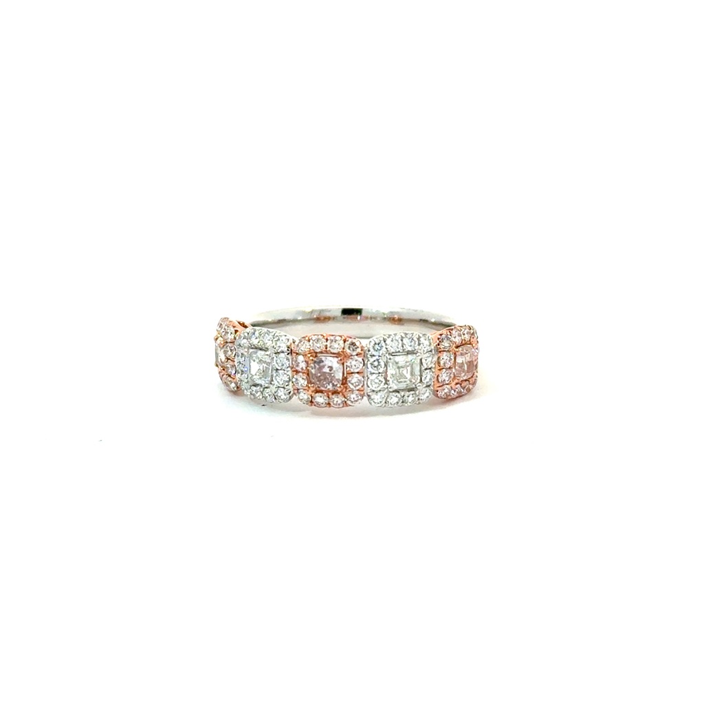 Halo Style Ring With (60) Round Diamonds Weighing 0.58ct, (3) Pink Cushion Cut Diamonds Weighing 0.31ct, And (2) Asscher Cut Diamonds Weighing 0.23ct In 18Kt White Gold