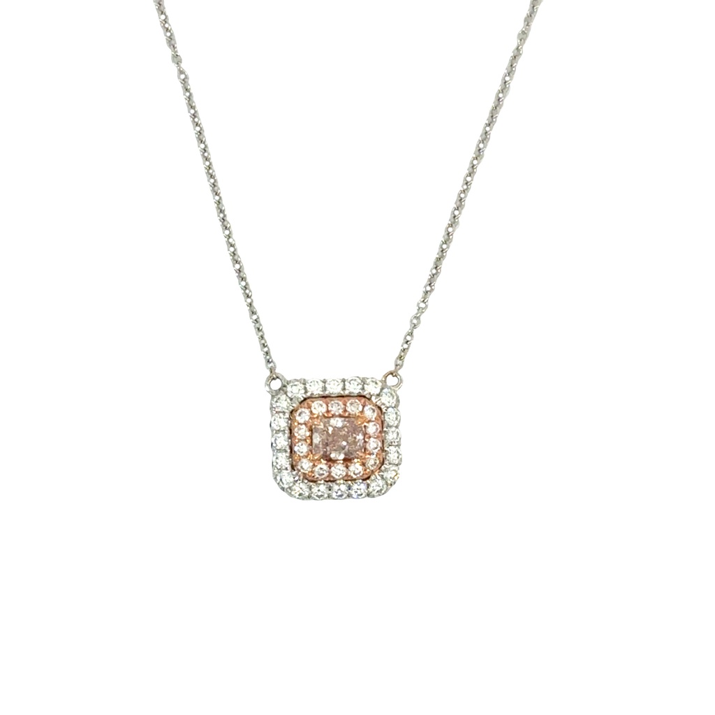 Halo Style Pendant With A Radiant Pink Diamond Weighing 0.32ct, (14) Round Pink Diamonds Weighing 0.13ct, And (20) Round Diamonds Weighing 0.27ct In 18Kt White Gold