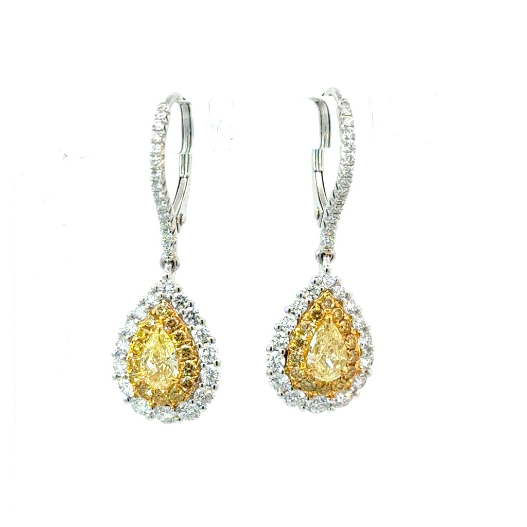 Halo Style Earrings With (2) Pear Shaped Yellow Diamonds Weighing 0.66ct, (28) Round Yellow Diamonds Weighing 0.33ct, And (58) Round Diamonds Weighing 1.01ct In 18Kt White And Yellow Gold