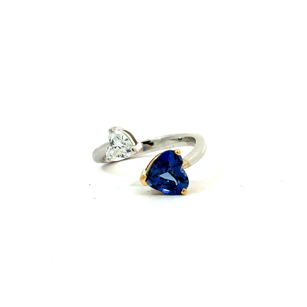 Toi Et Moi Ring With A Heart Shaped Sapphire Weighing 1.84ct And A Heart Shaped Diamond Weighing 0.50ct In 18Kt White And Yellow Gold