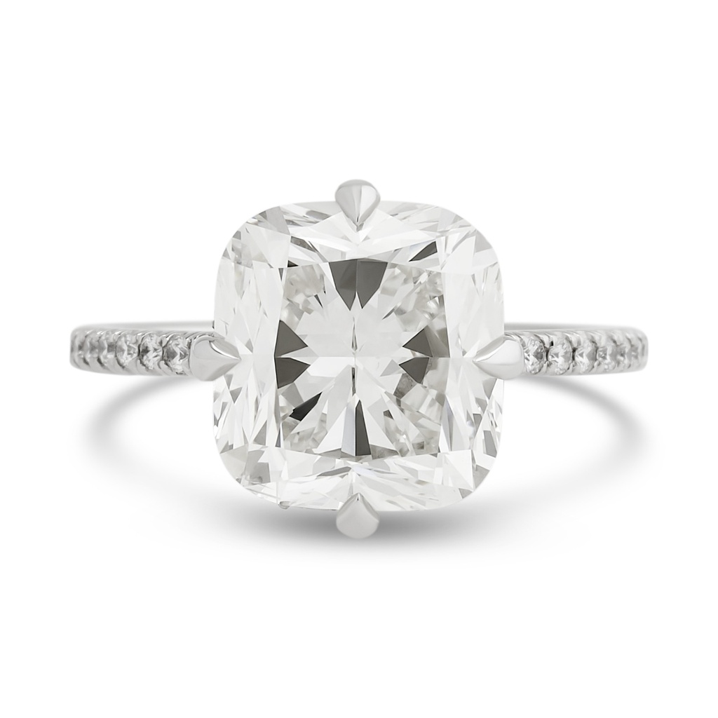 Platinum Ring With A Cushion Cut diamond Weighing 5.01ct, And (55) Round Diamonds Weighing 0.36ct