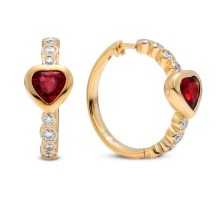 18Kt Yellow Gold bubbly Dilara Heart Shaped Ruby And Round Diamond Hoops 1.44cttw