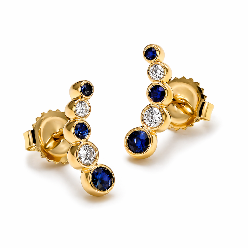 [EM1903] 18Kt Yellow Gold Bubbly Curved Round Sapphire And Diamond Earrings 0.57cttw