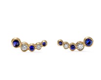 [EM1903] 18Kt Yellow Gold Bubbly Curved Round Sapphire And Diamond Earrings 0.57cttw