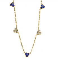 [NM1248] 18Kt Yellow Gold Trinity Round Sapphire And Diamond Station Necklace 0.99cttw