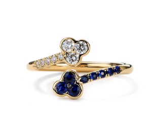 [RM5826] 18Kt Yellow Gold Trinity Bypass Round Sapphire (0.34ct) And Diamond (0.22ct) Ring