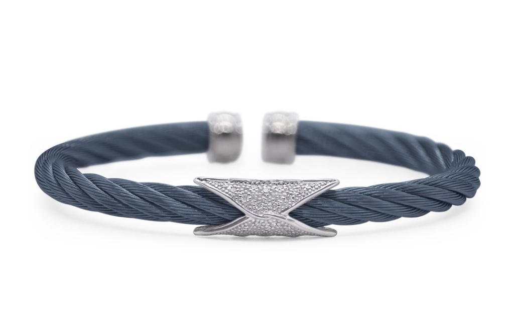 [04-28-5074-11] 14Kt White Gold Blueberry Nautical Cuff Bracelet With Round Diamonds Weighing 0.11cttw