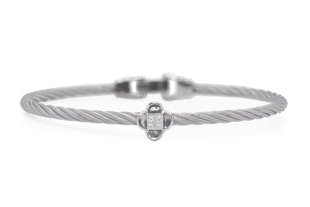 [04-32-7012-11] 14Kt White Gold Grey Nautical Cable Bracelet With (4) Princess Cut Diamonds Weighing 0.13cttw