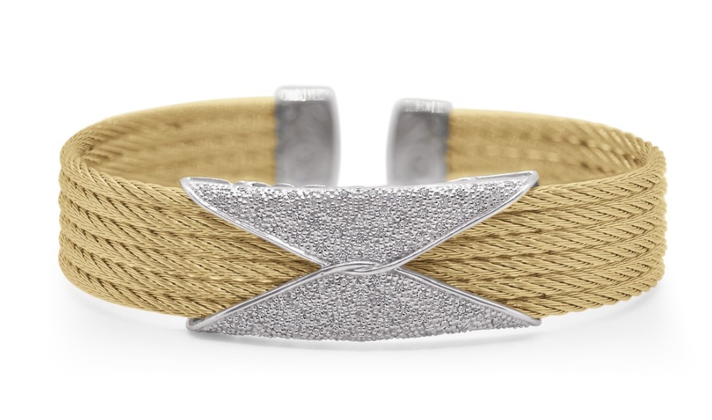 [04-37-2074-11] 14Kt White Gold Yellow Nautical Cable Six Row Diamond Hourglass Bracelet 0.42cttw